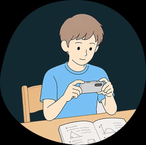 宿題の問題をスマホで撮影する小学生