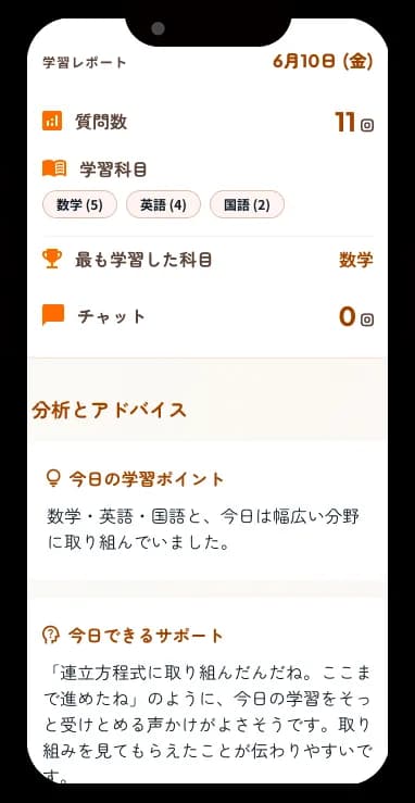 中学受験・高校受験に役立つ学習レポート画面